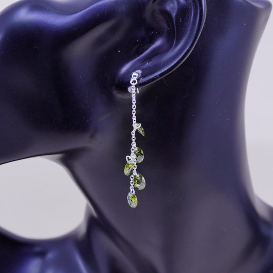 Vintage sterling 925 silver handmade earrings with cluster olive green crystal