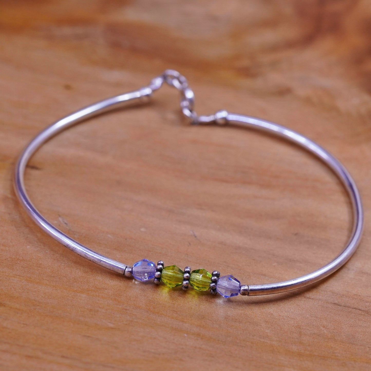 8”, vtg Sterling silver handmade bracelet, 925 hinged bangle with crystal beads