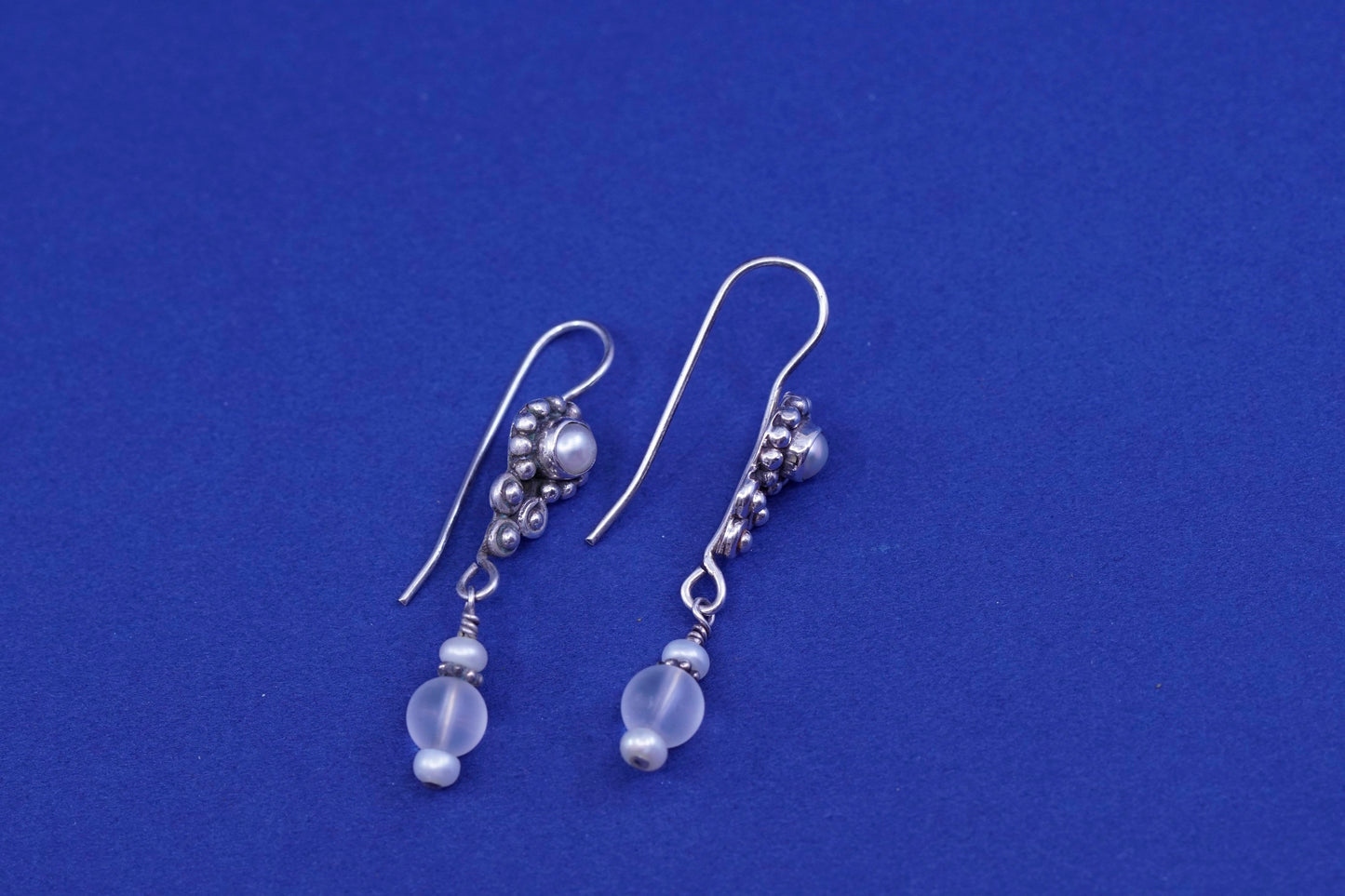 Vintage Sterling silver handmade earrings, 925 drops with pearl crystal beads