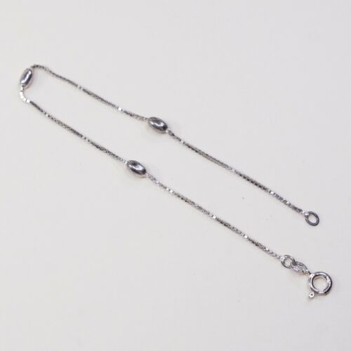 9”, 1mm, Vtg Sterling Silver bracelet, 925 Italy Box chain W/ Beads, Stamped 925