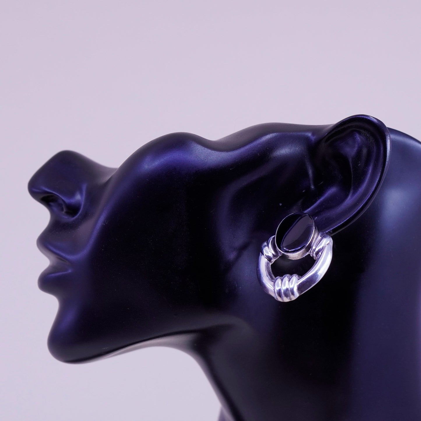 Vintage Sterling silver handmade earrings, Modern 925 ribbed stud oval obsidian
