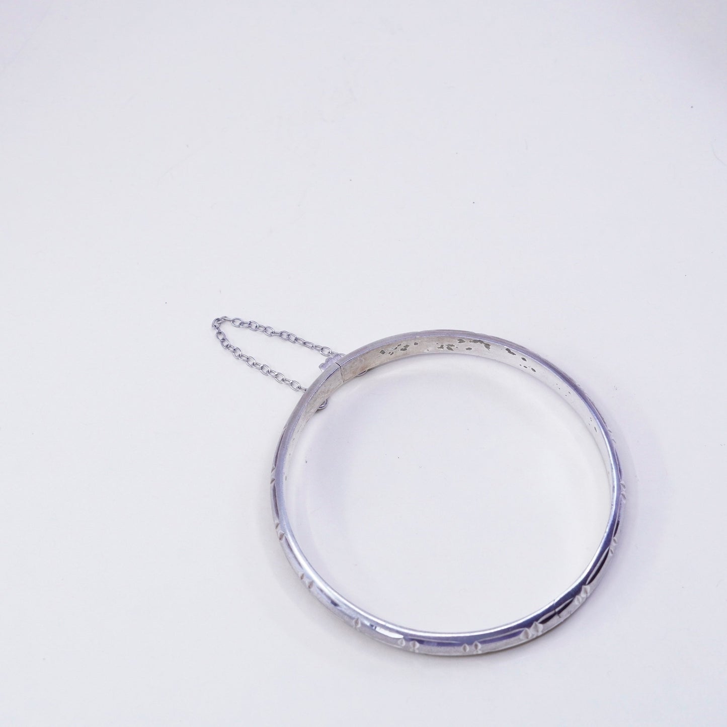 7.5”, sterling silver bracelet, Matt textured 925 hinged bangle N secure chain