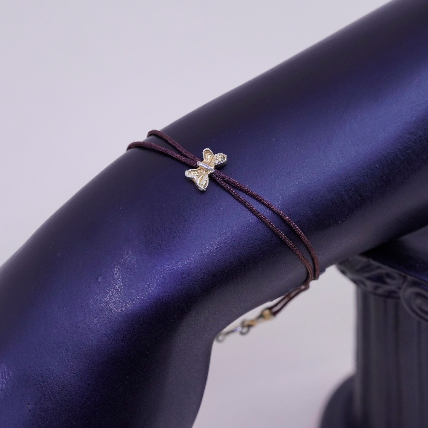 6.5” Vintage Sterling silver handmade bracelet, 925 butterfly with linen thread