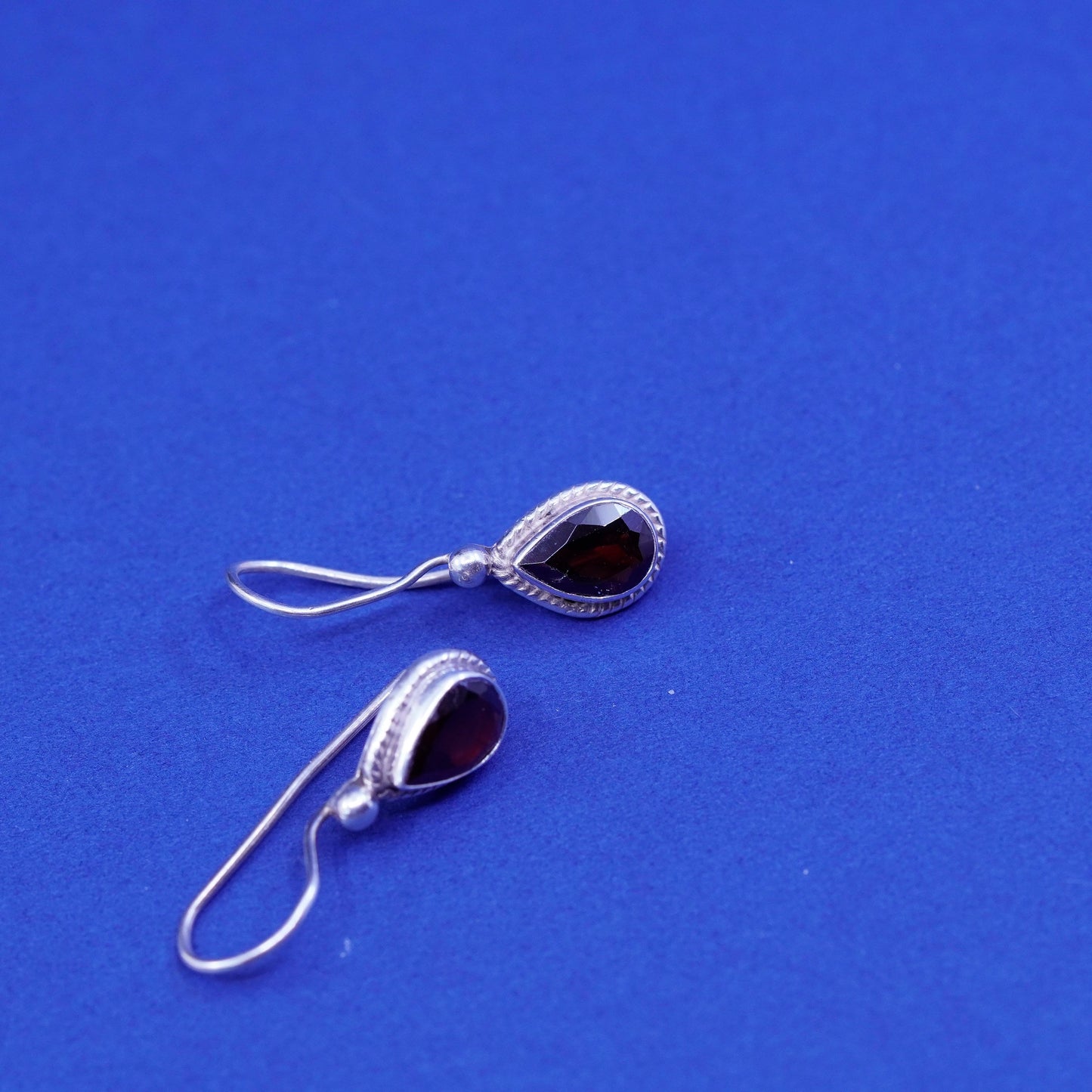Vintage Sterling 925 silver handmade earrings with teardrop Ruby and rope