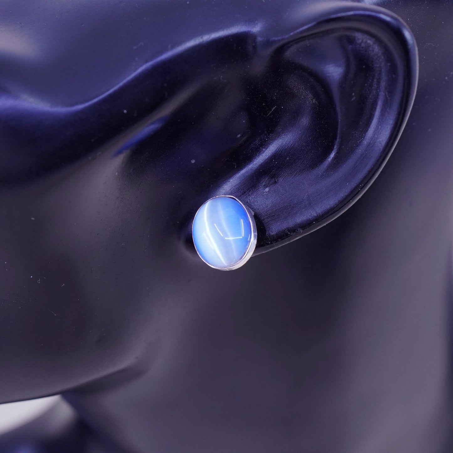 Vintage sterling silver earrings, 925 studs with blue cats eye