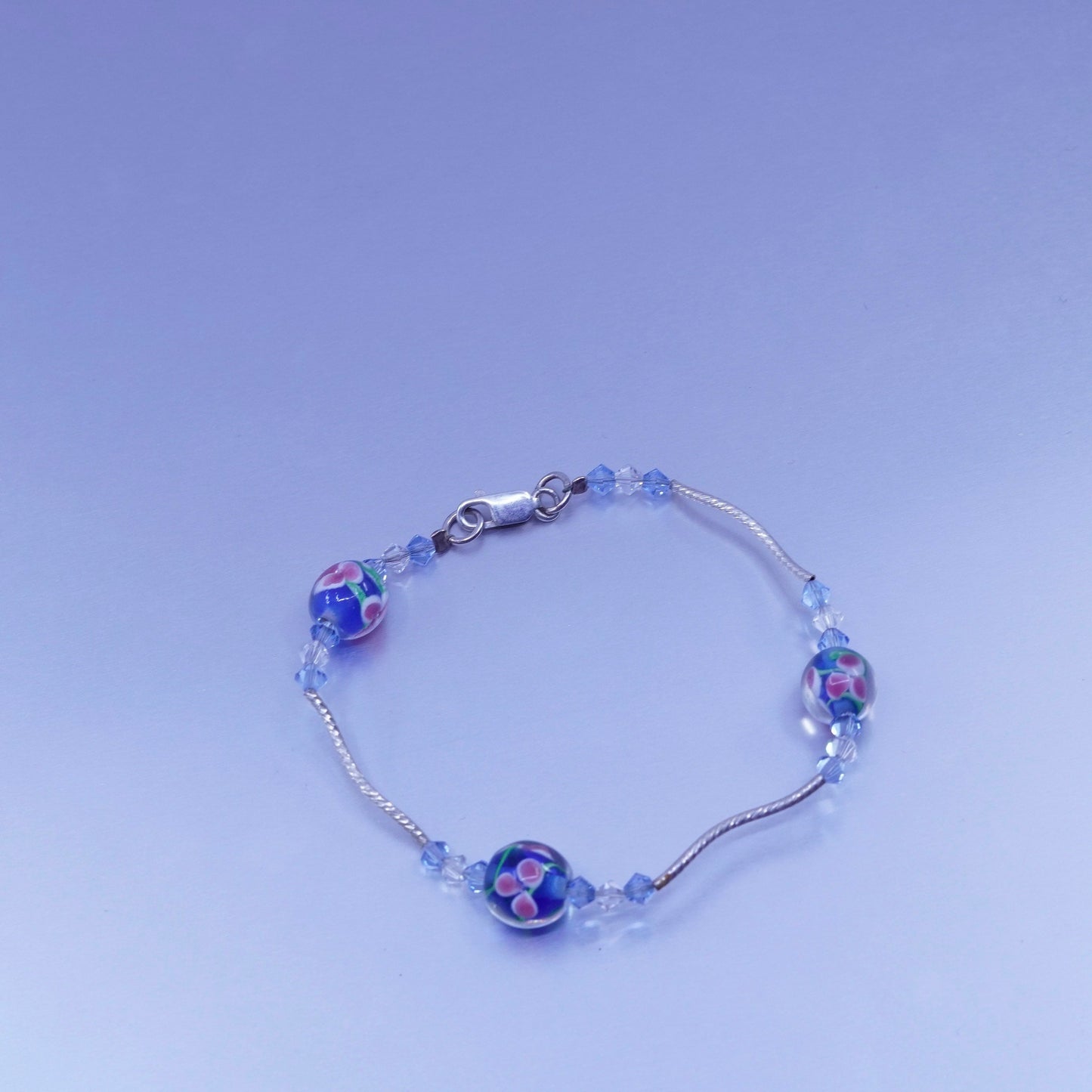 7.25”, jewelry | Sterling 925 silver bracelet, wavy chain floral glass charms