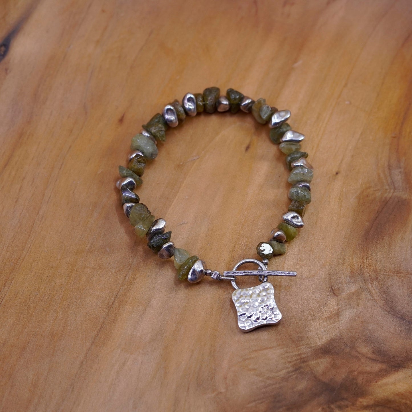6.75”, Sterling 925 silver handmade bracelet, irregular jade nuggets toggle