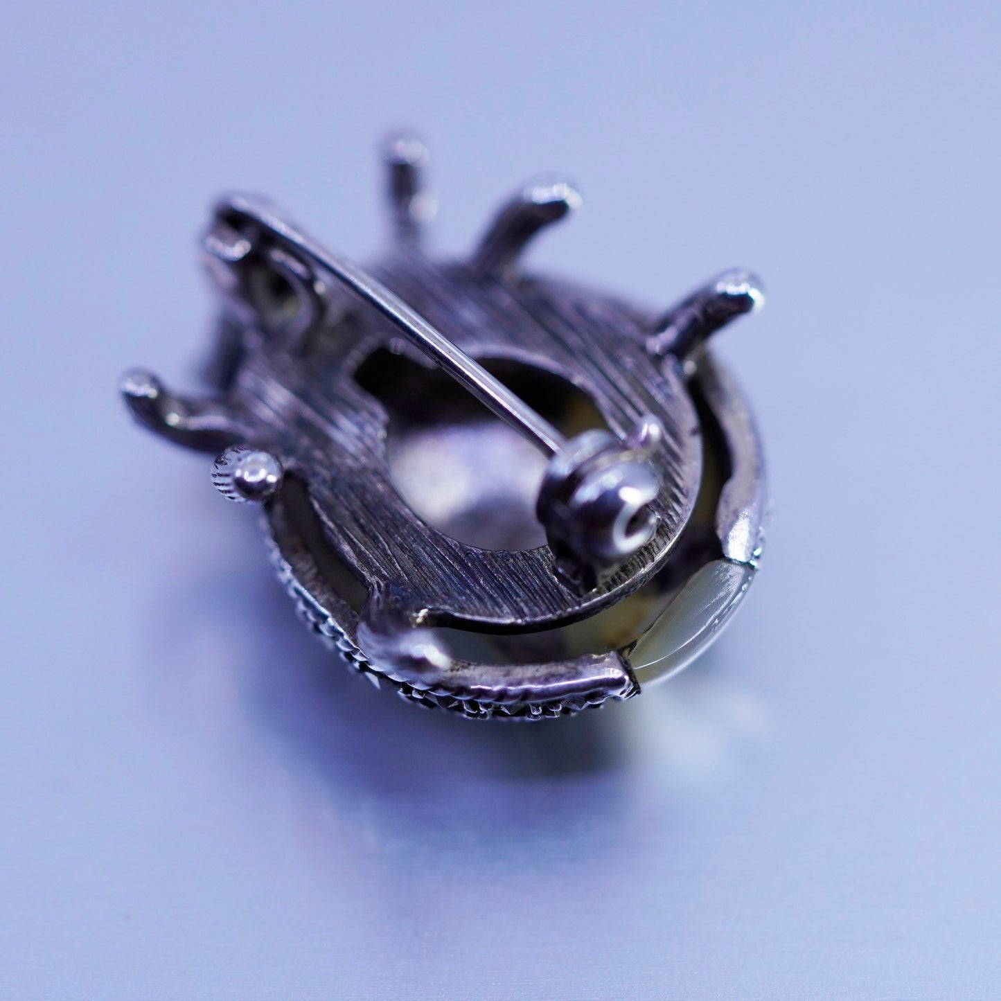 sterling silver handmade brooch, 925 ladybug pin with moonstone and marcasite