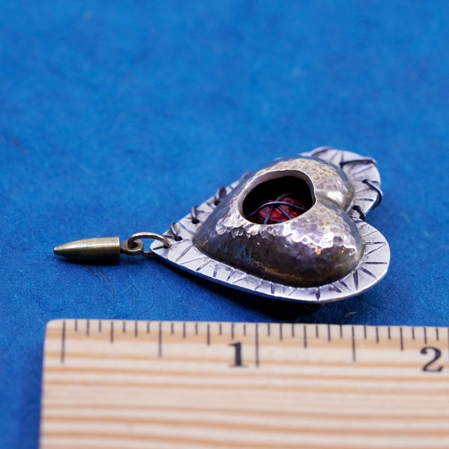 vtg designer sterling silver handmade brooch, 925 modernist heart pin with ruby