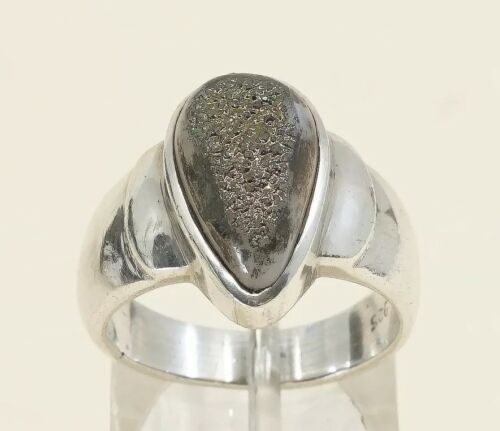 Sz 7.5, Vtg Sterling Silver Ring w/ Teardrop druzy quartz Stone MR-1