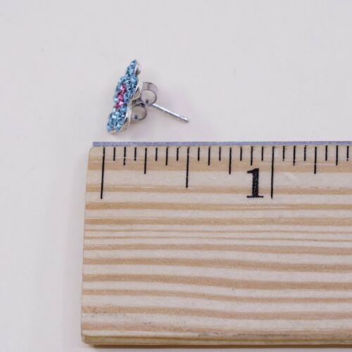 Vintage Sterling Silver Handmade Earrings, 925 Blue Flower Studs W/ Cluster Cz