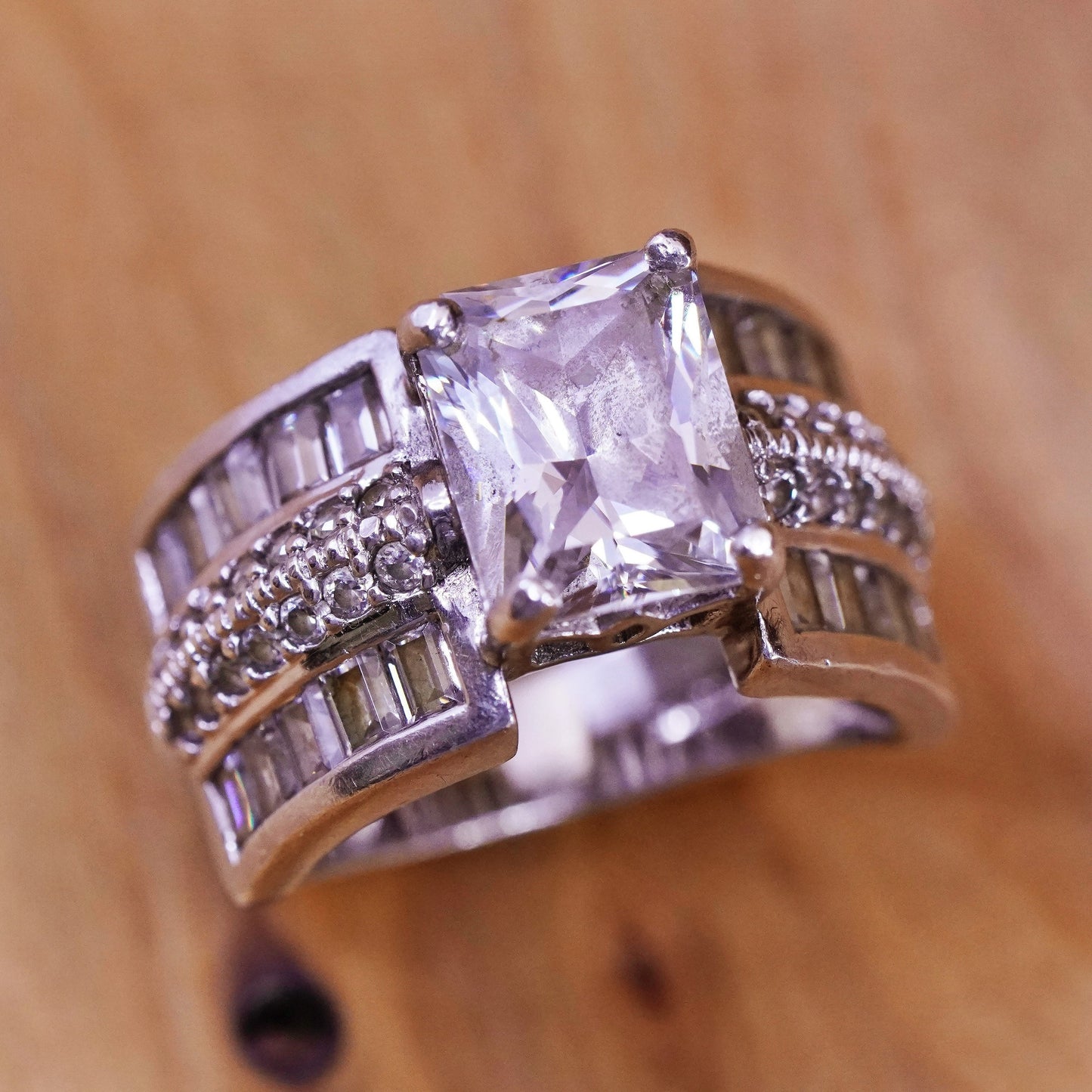 Size 6, vintage Sterling 925 silver engagement ring with cluster cz