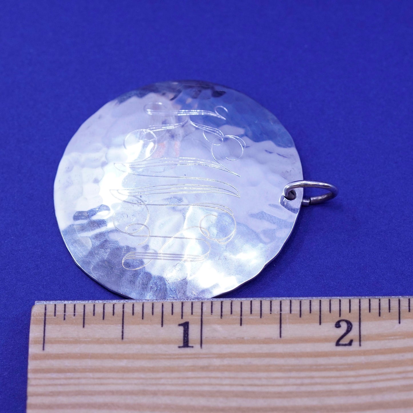 vintage Sterling silver pendant, huge 925 Hammered circle monogram “KWA”