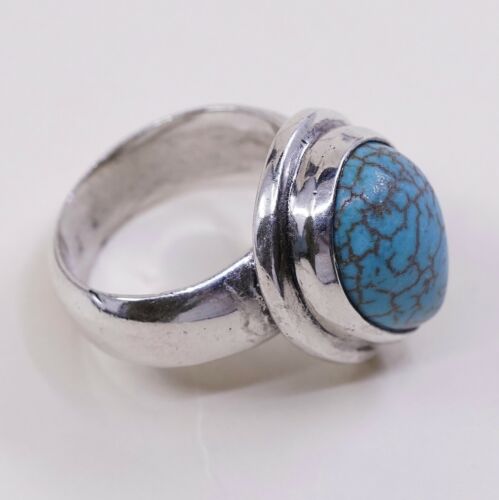 Sz 8.5, Vtg Sterling Silver Handmade Ring W/ Teardrop Turquoise, Stamped 925