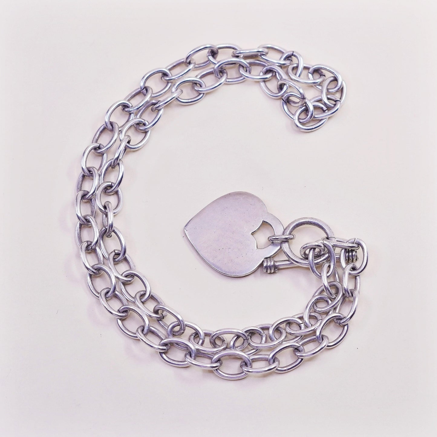 18”, sterling silver charm necklace, 925 bold circle link chain heart charm