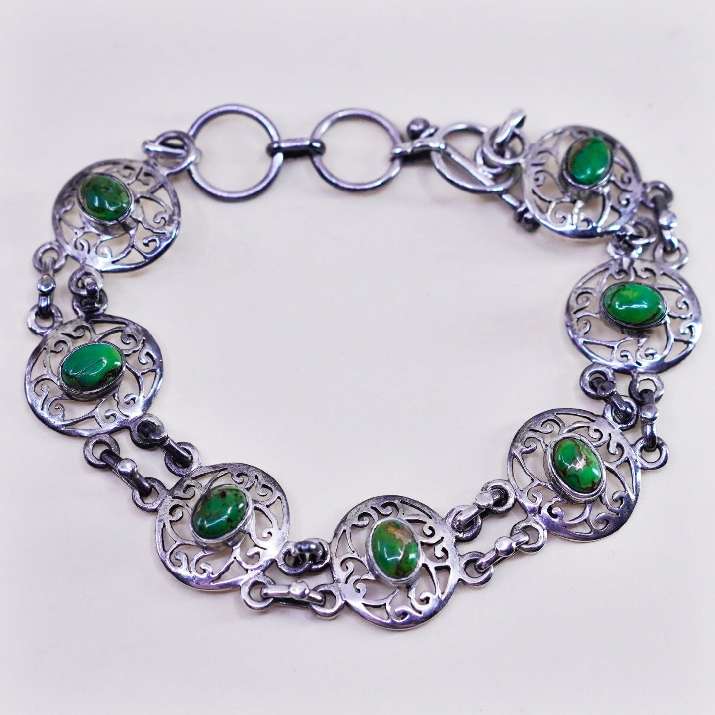 7+1.5”, Sterling silver handmade bracelet, 925 disc Carico Lake turquoise