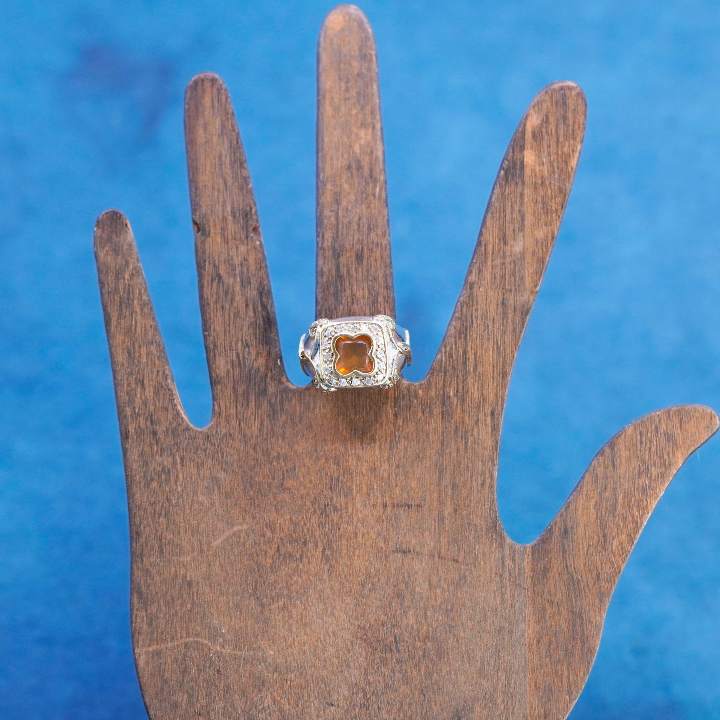 Size 7 vintage two tone Sterling 925 silver statement ring citrine white topaz