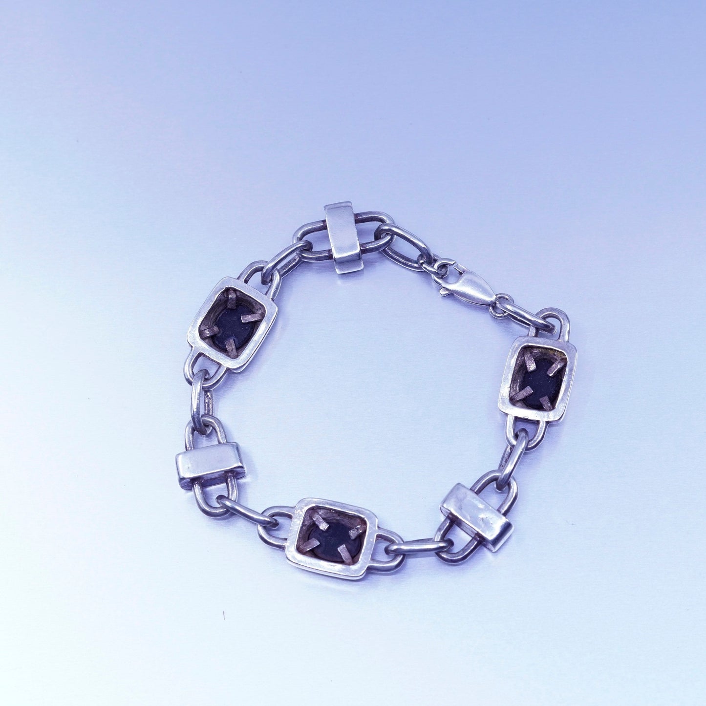 6.75”, vintage Sterling 925 silver handmade bold bracelet with obsidian beads