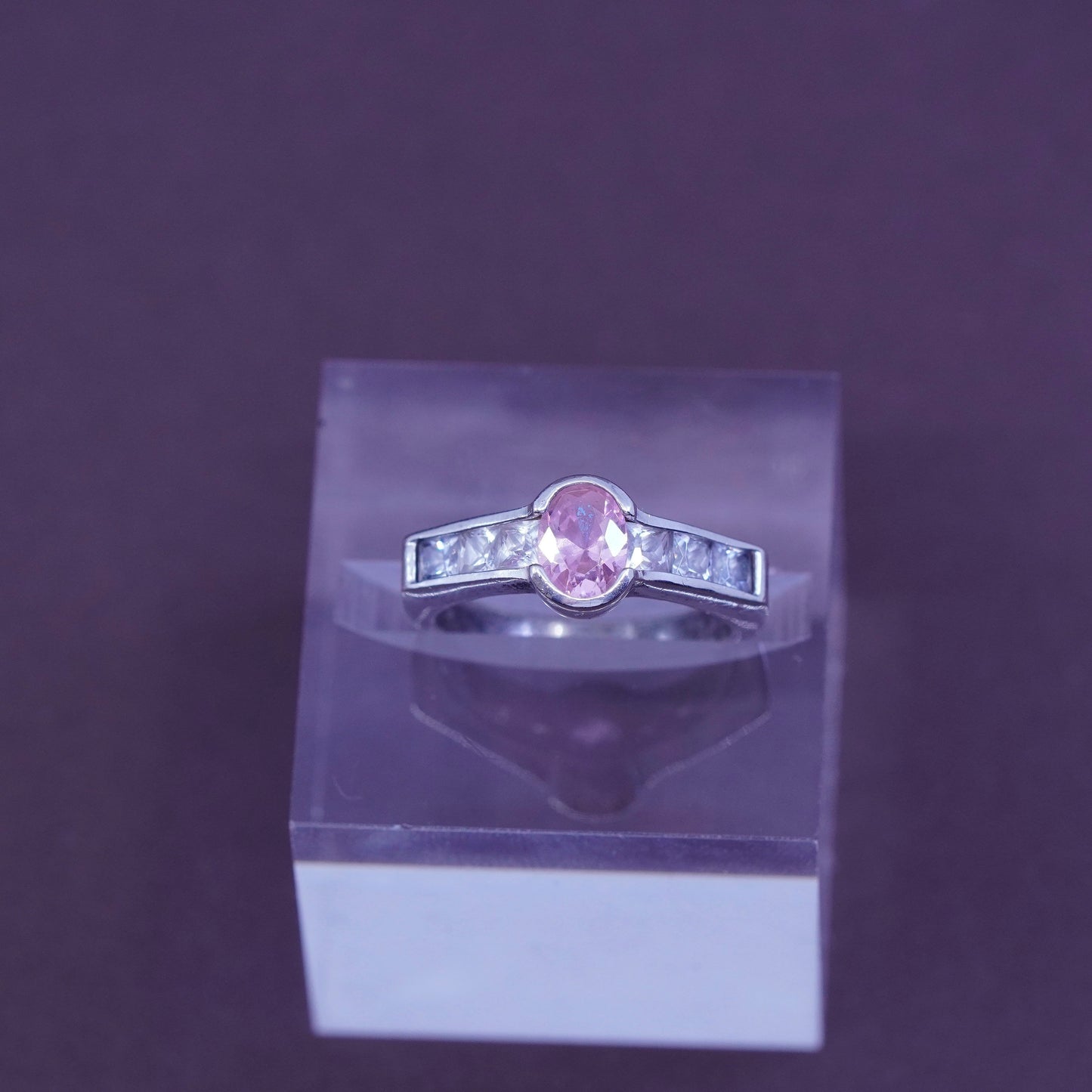 Size 6.5, Sterling silver handmade ring, 925 band with oval pink Cz stone