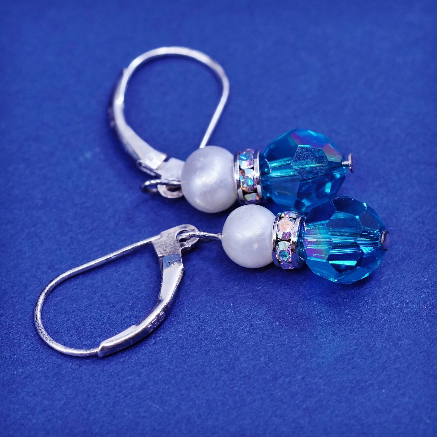 Vintage sterling 925 silver handmade earrings, with cube blue crystal and pearl