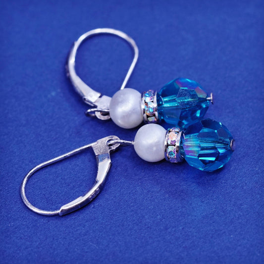 Vintage sterling 925 silver handmade earrings, with cube blue crystal and pearl