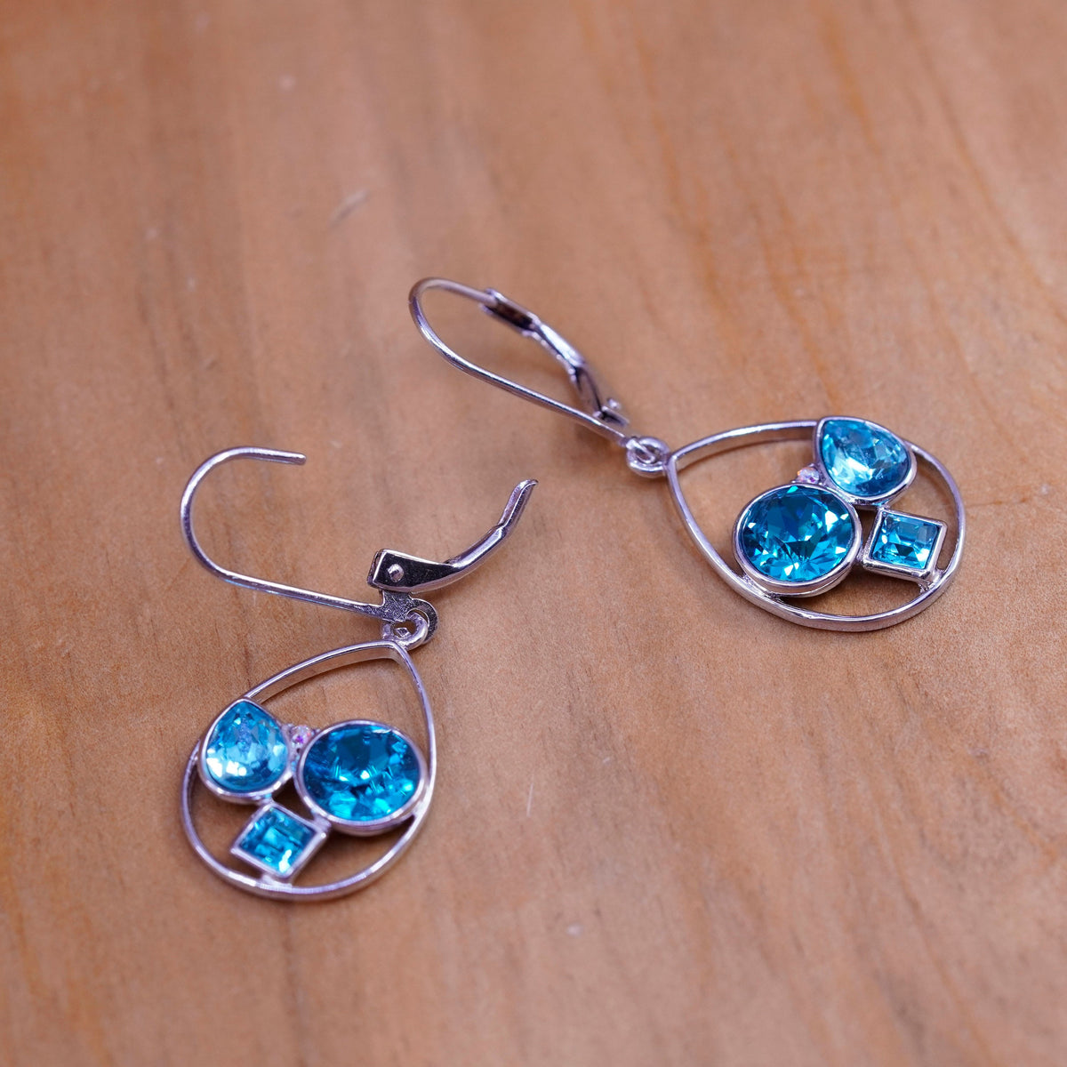 Vintage Sterling 925 silver handmade teardrop earrings with blue rhinestone