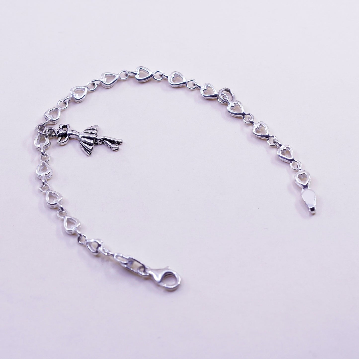 7”, Vintage sterling silver bracelet, 925 heart chain w/ girl ballerina dancer