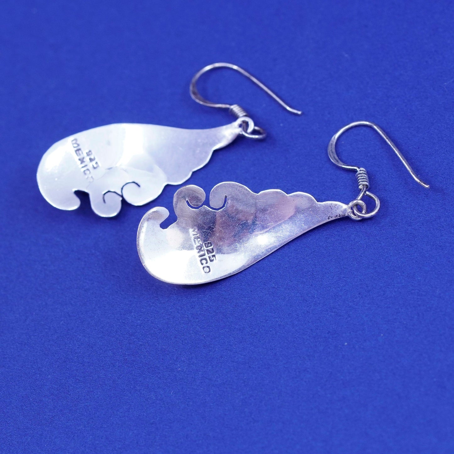 vtg mexico sterling silver handmade earrings, 925 wings dangles oval malachite