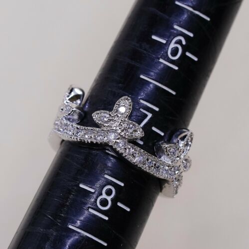 Size 7.25, Vtg Sterling Silver Handmade Wedding Ring, 925 Band W/ Cz Inlay