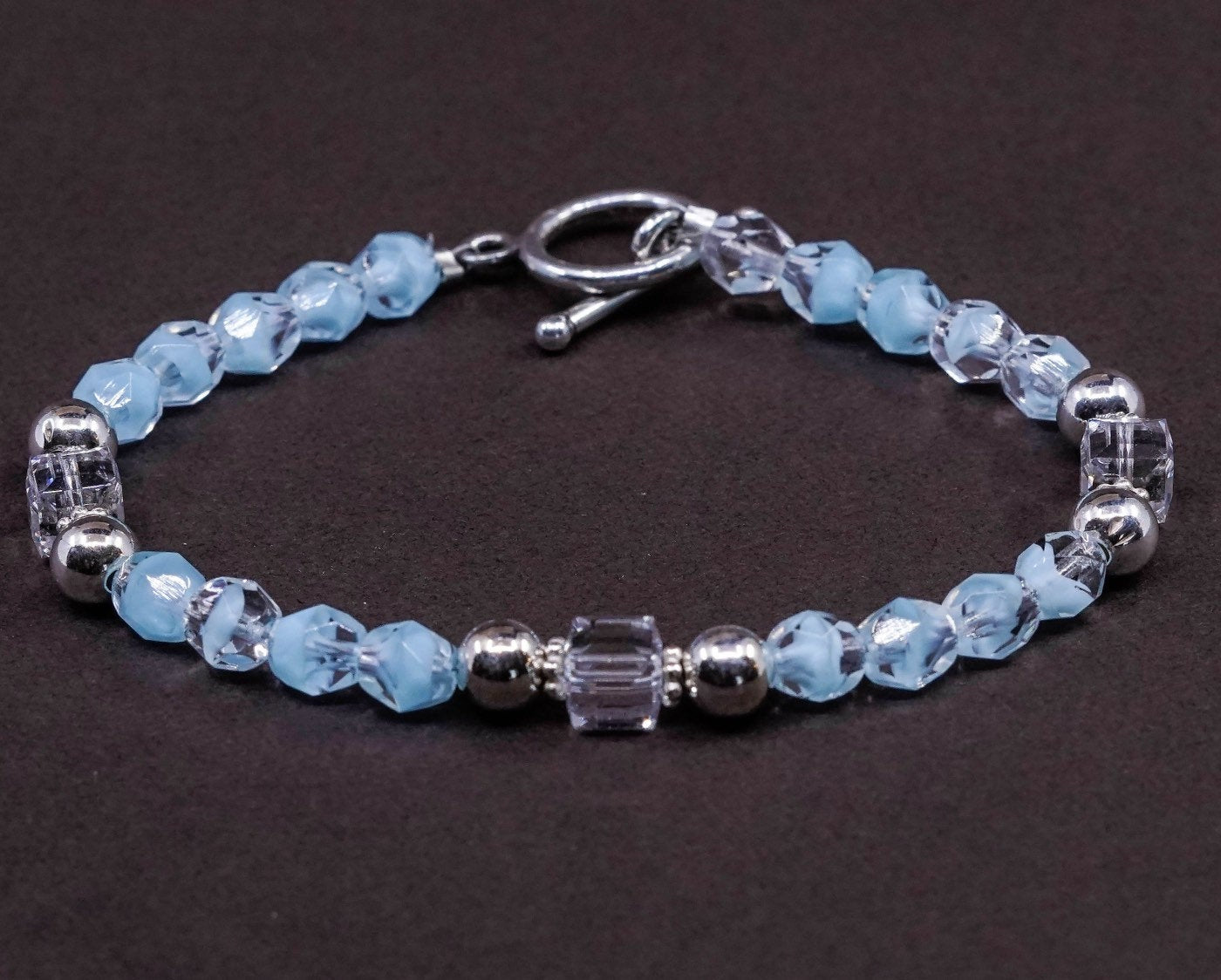 7”, vtg Sterling silver handmade bracelet, 925 beads w/ crystal beads N toggle