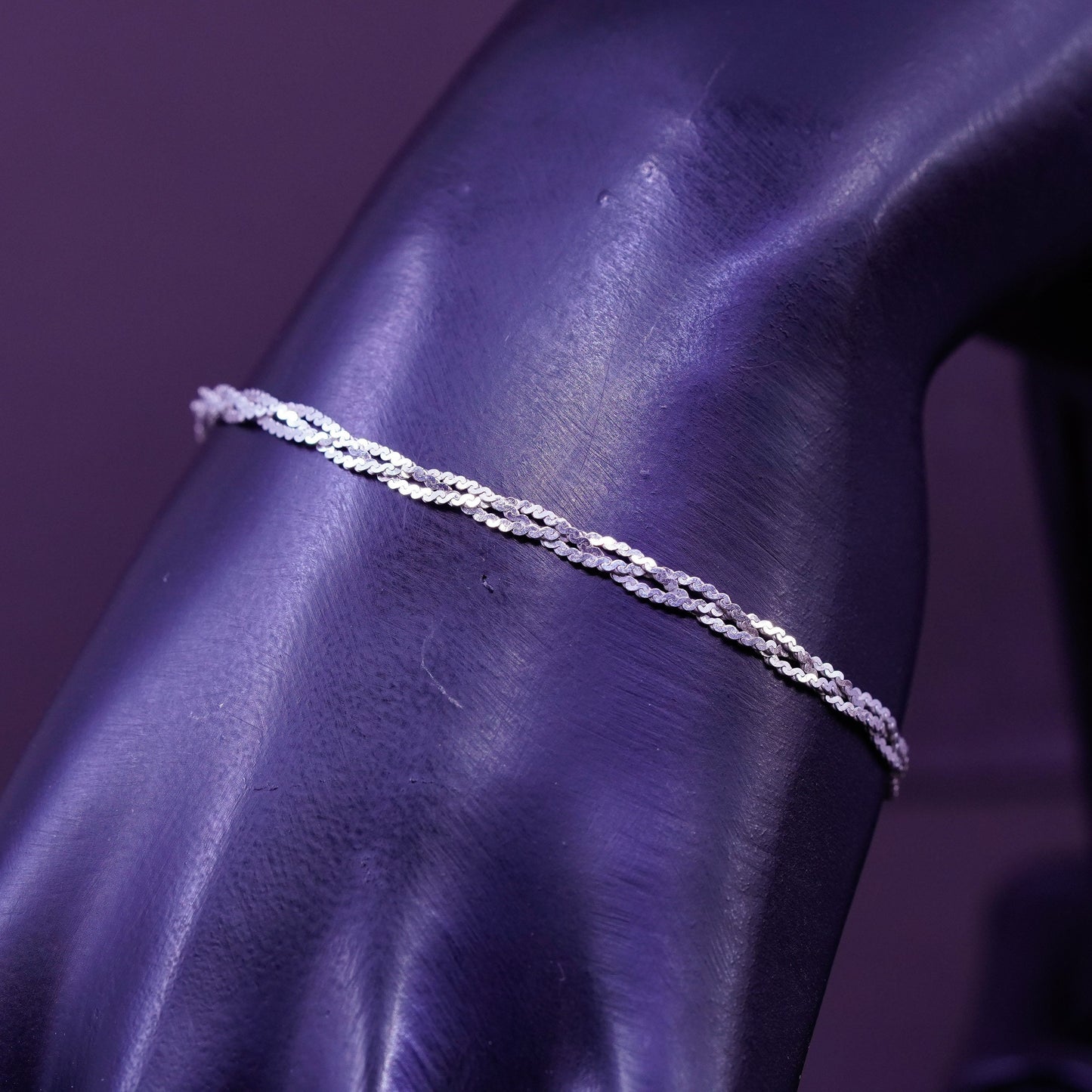 7”, 3mm, Vintage Sterling silver braided woven s link herringbone bracelet