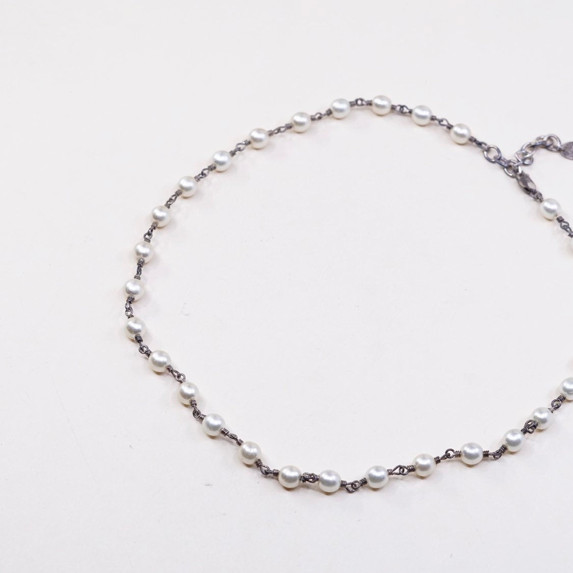 16+1”, vtg AK handmade Sterling silver bead chain w/ pearl beads