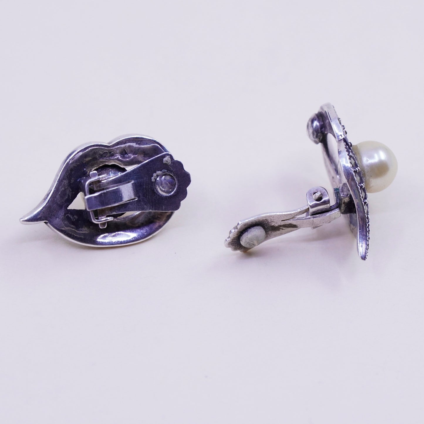 Sterling 925 silver handmade filigree clip on earrings with pearl and Marcasite