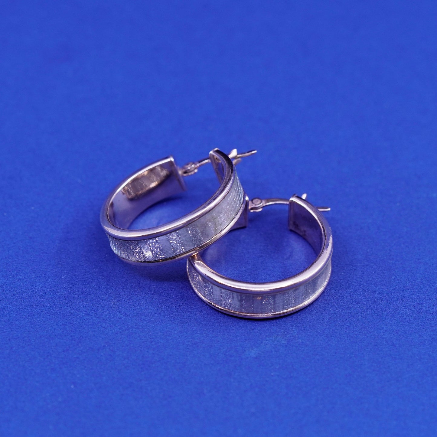 1”, vintage two tone Sterling 925 silver hoop huggie glittering earrings