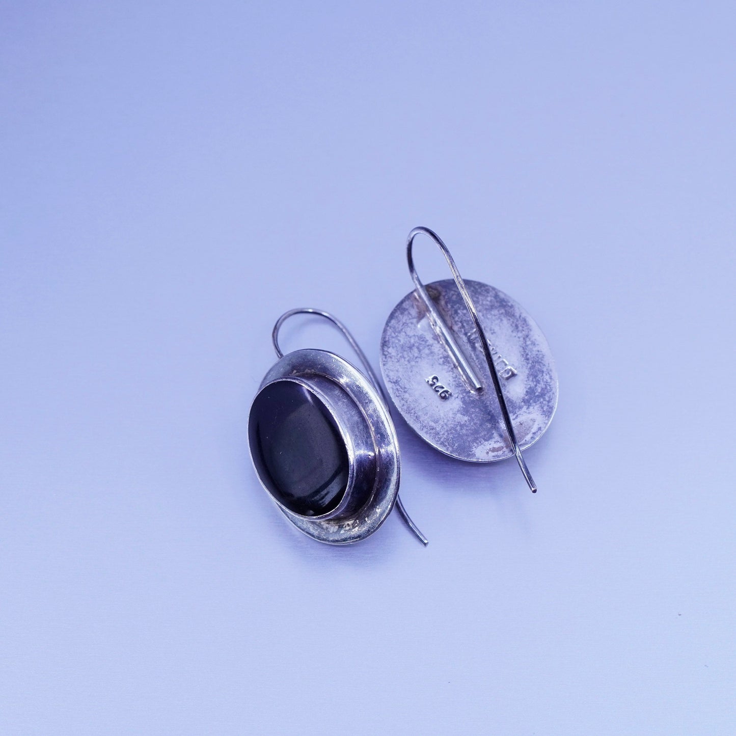 Vintage Sterling 925 silver handmade earrings with oval obsidian