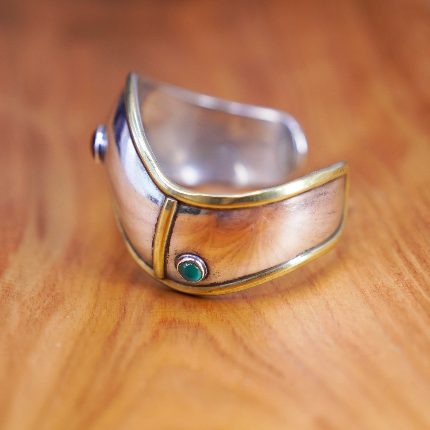 6”, mexico two tone Sterling silver bracelet, 925 cuff brass trim garnet jade