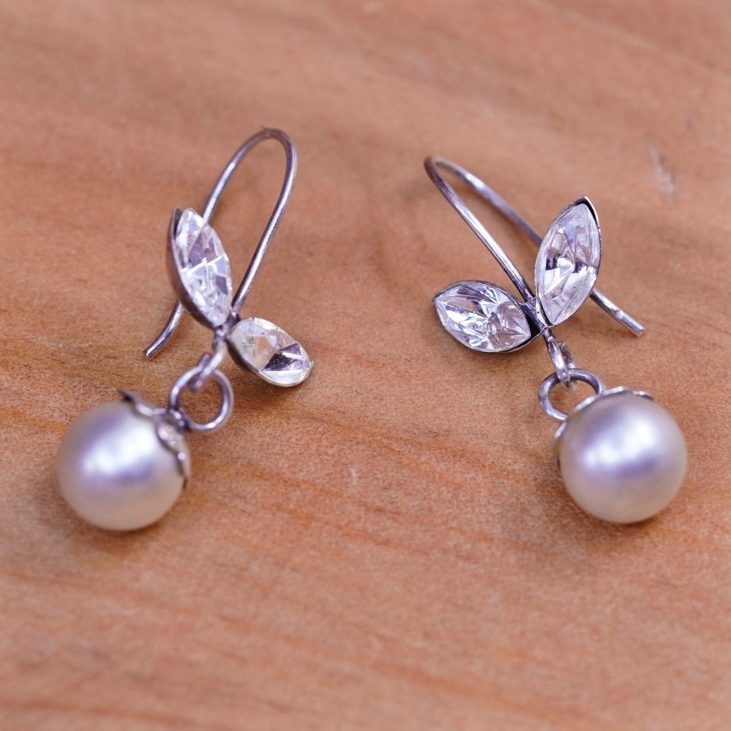 Vintage Sterling 925 silver handmade earrings with pearl and Cz, silver tested