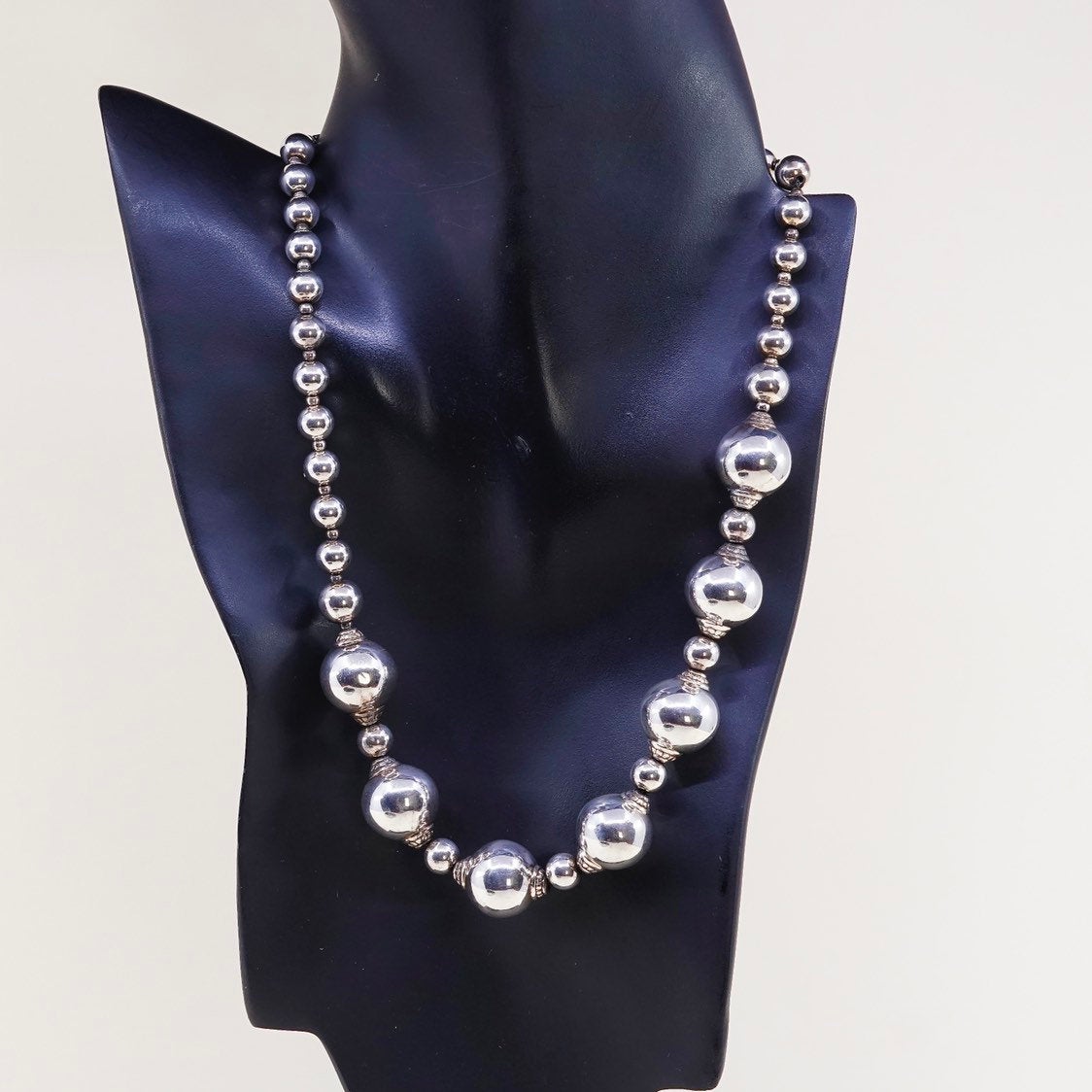 18”+2”, vtg sterling silver handmade graduated beads necklace, 925 chain