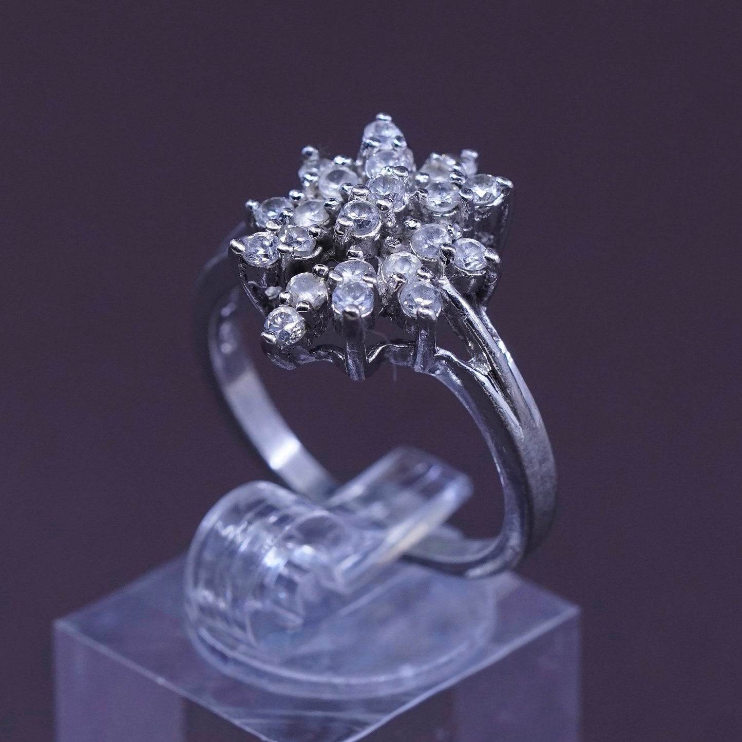 Size 7.25, vintage TBJ Sterling silver ring, 925 with cluster Cz, stamped 925