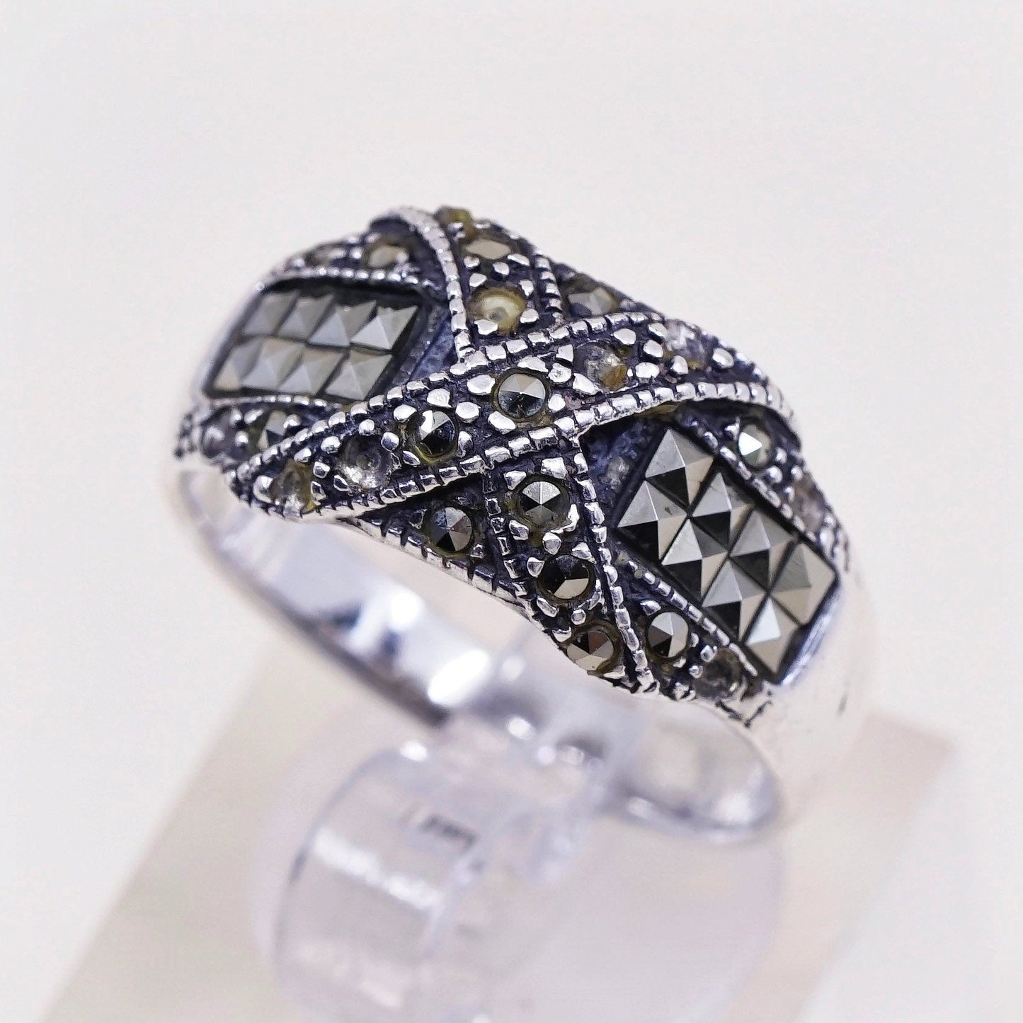 sz 9, vtg Sterling silver handmade ring, 925 cross band w/ beads, stamped 925