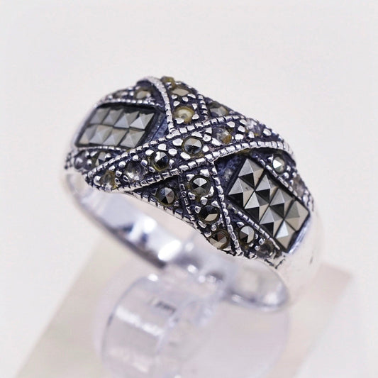 sz 9, vtg Sterling silver handmade ring, 925 cross band w/ beads, stamped 925