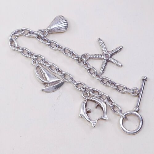 6.75” Sterling 925 Silver Handmade Bracelet, Starfish Shell Boat Dolphin charms