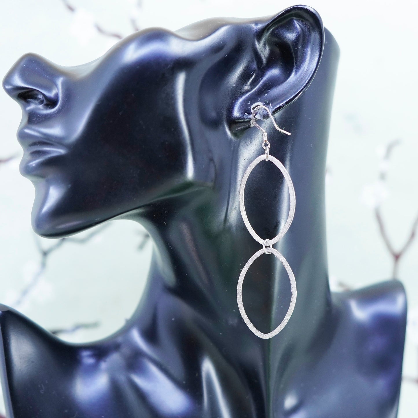 Vintage sterling silver handmade earrings, 925 matte oval dangles