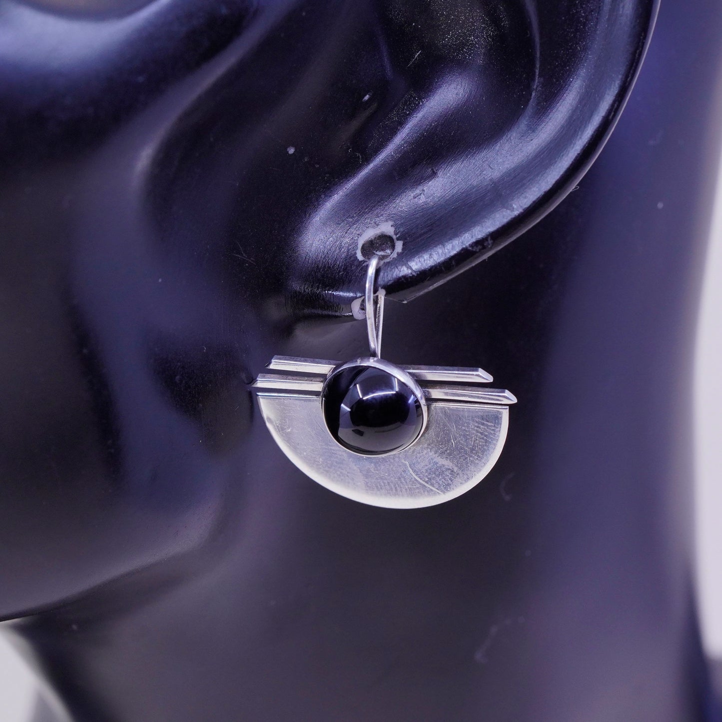 Vintage PJP gold filled sterling silver handmade drop earrings, modern 925 disc with black onyx, stamped sterling GF PJP