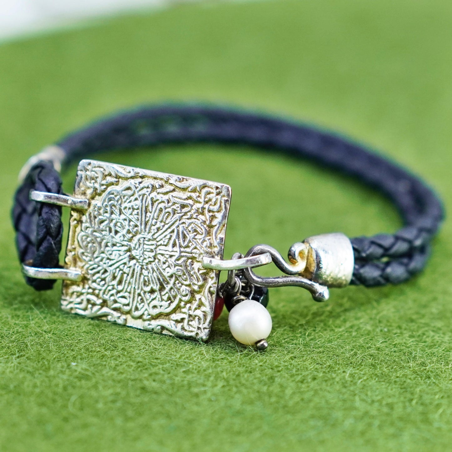 6.75”, woven braided leather bracelet sterling 925 silver Mayan calendar tag