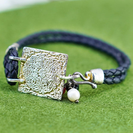 6.75”, woven braided leather bracelet sterling 925 silver Mayan calendar tag