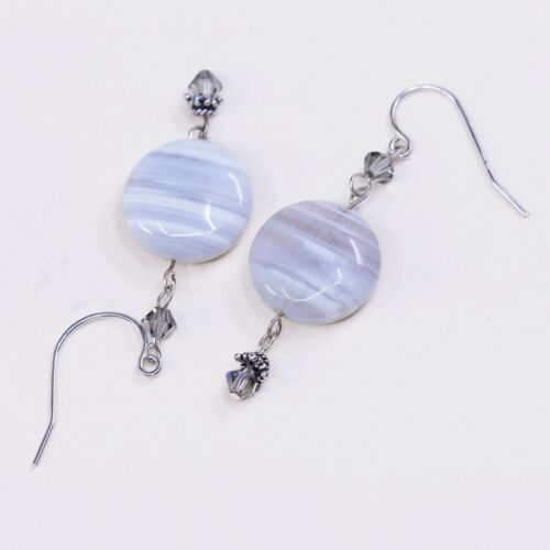 vtg sterling silver handmade earrings, 925 hooks w/ purple lace agate N Crystal