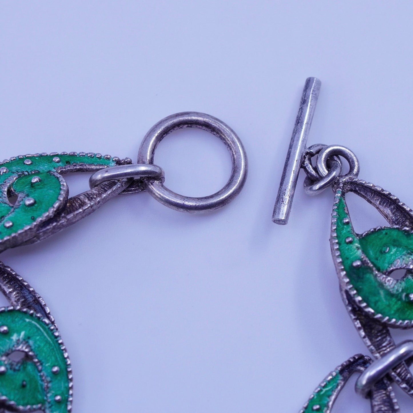 7”, Vintage Sterling 800 silver handmade bracelet, green enamel tornado links