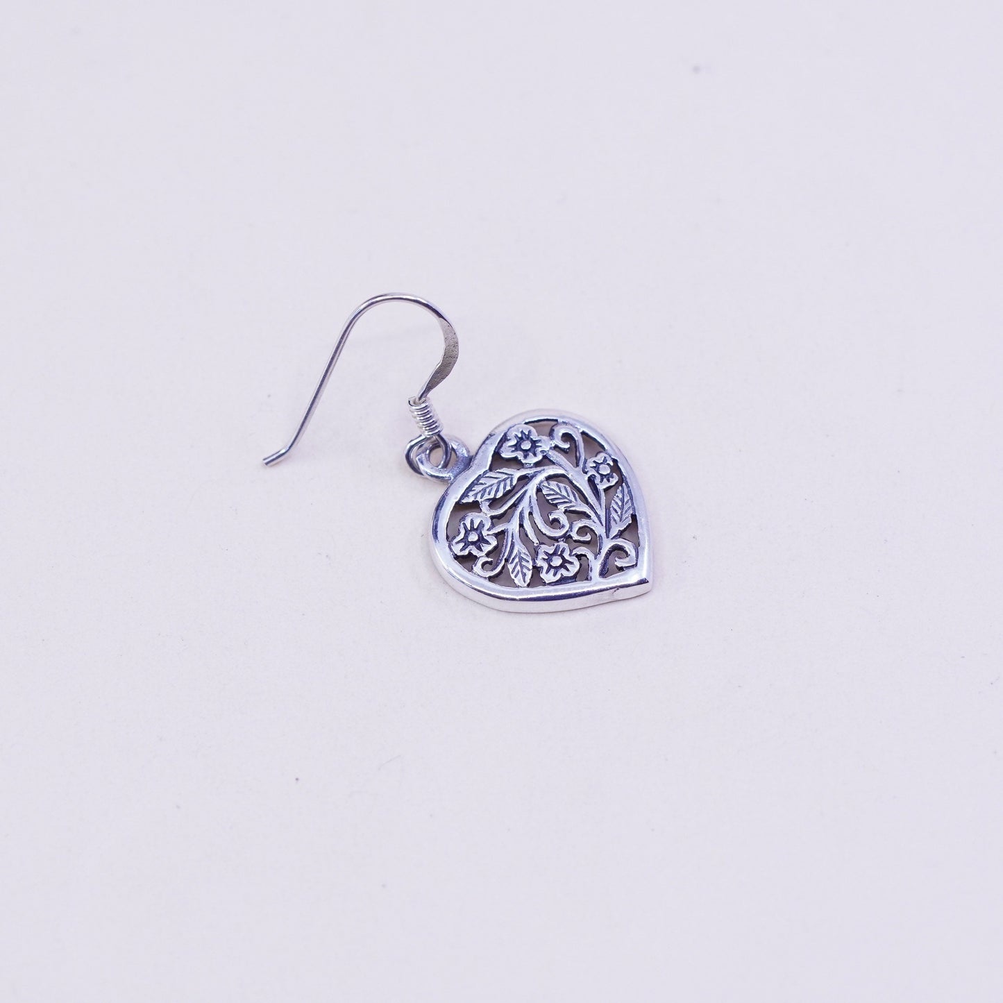 Vintage sterling silver handmade earrings, floral 925 filigree heart