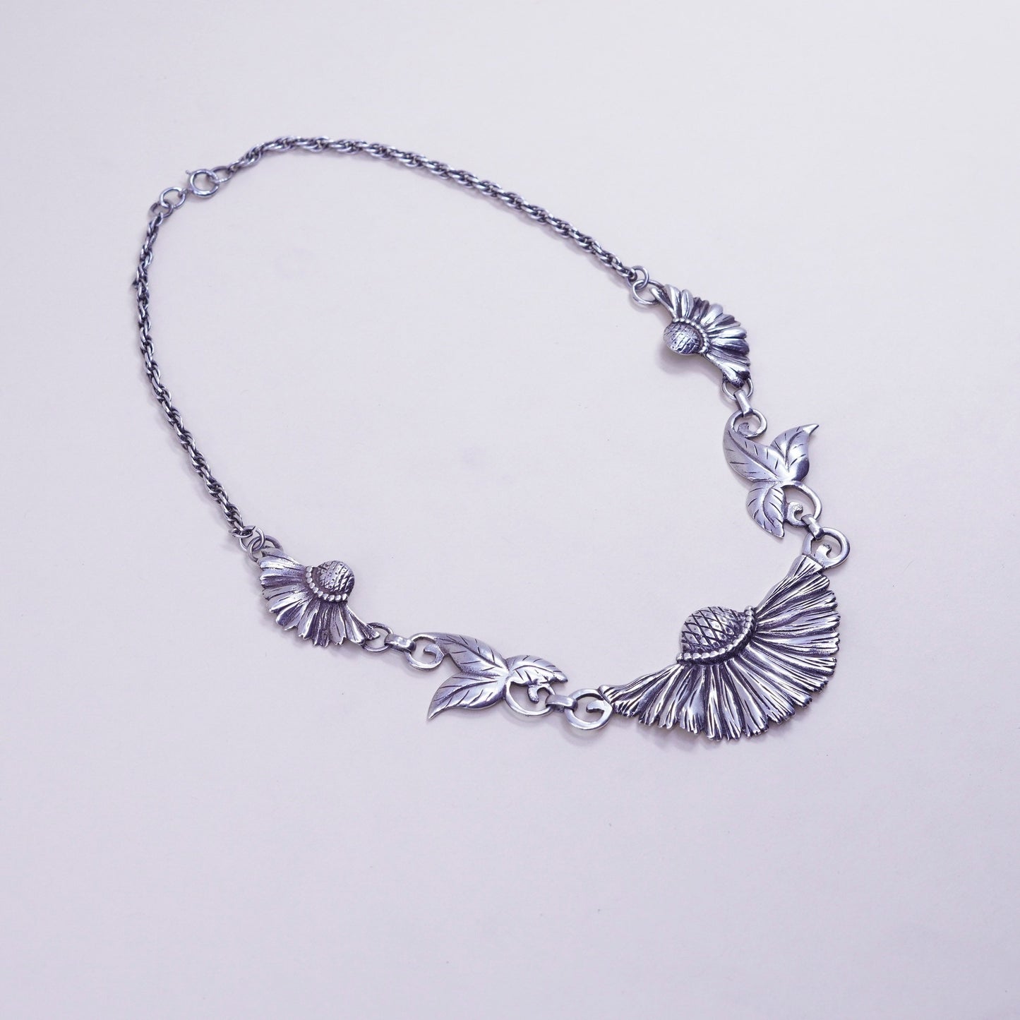 16”, Sterling silver double strands necklace, 925 rope chain flower pendant